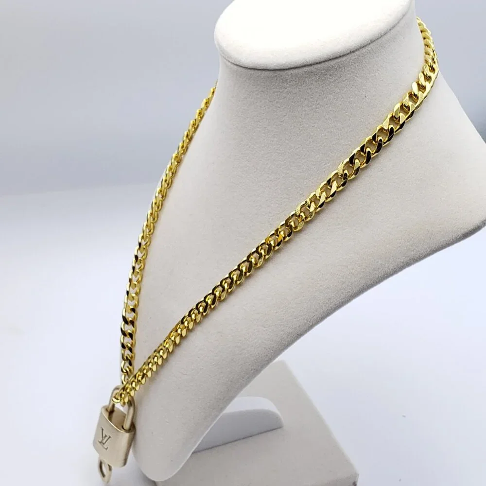 Stainless Steel Gold-Plated Necklace with Authentic Louis Vuitton Padlock